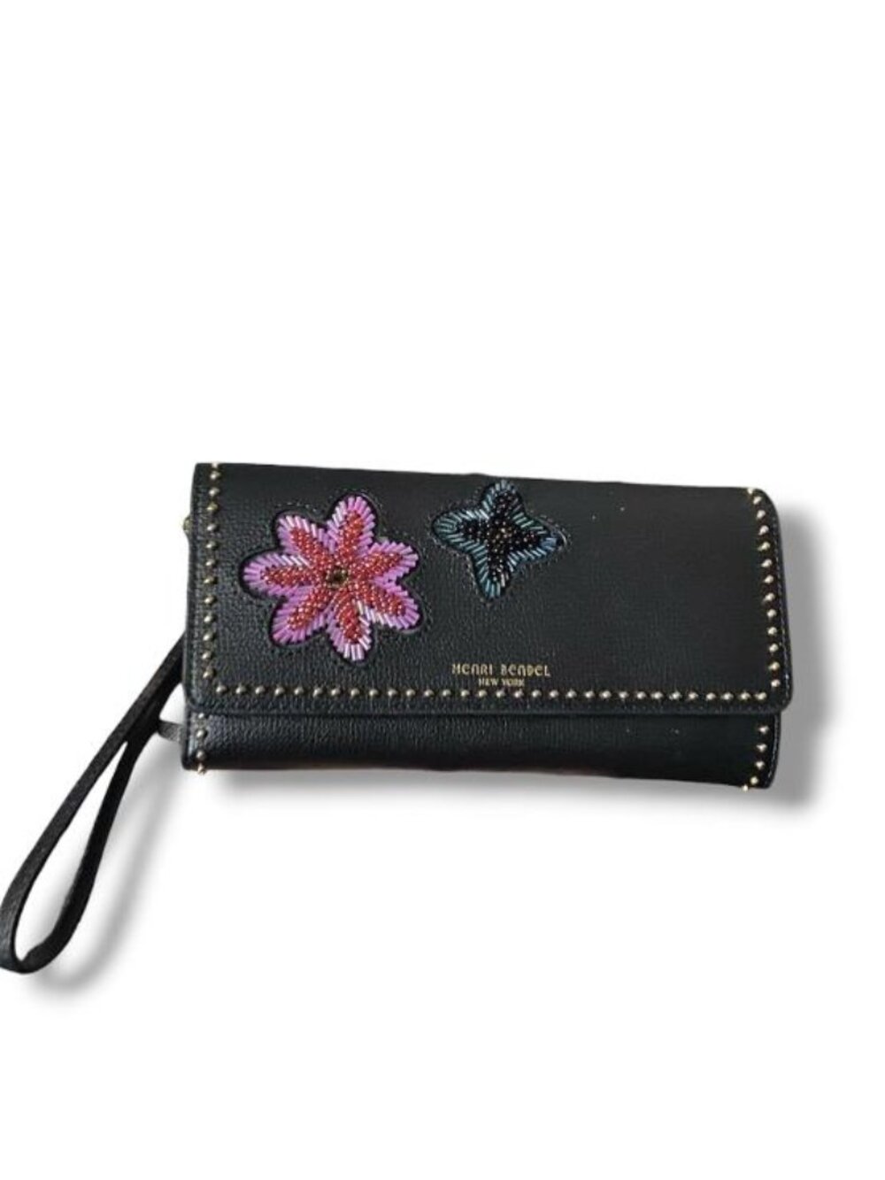 NWOT - HENRI BENDEL - Black LEATHER Floral Accents and WRISTLET Wallet -RARE
